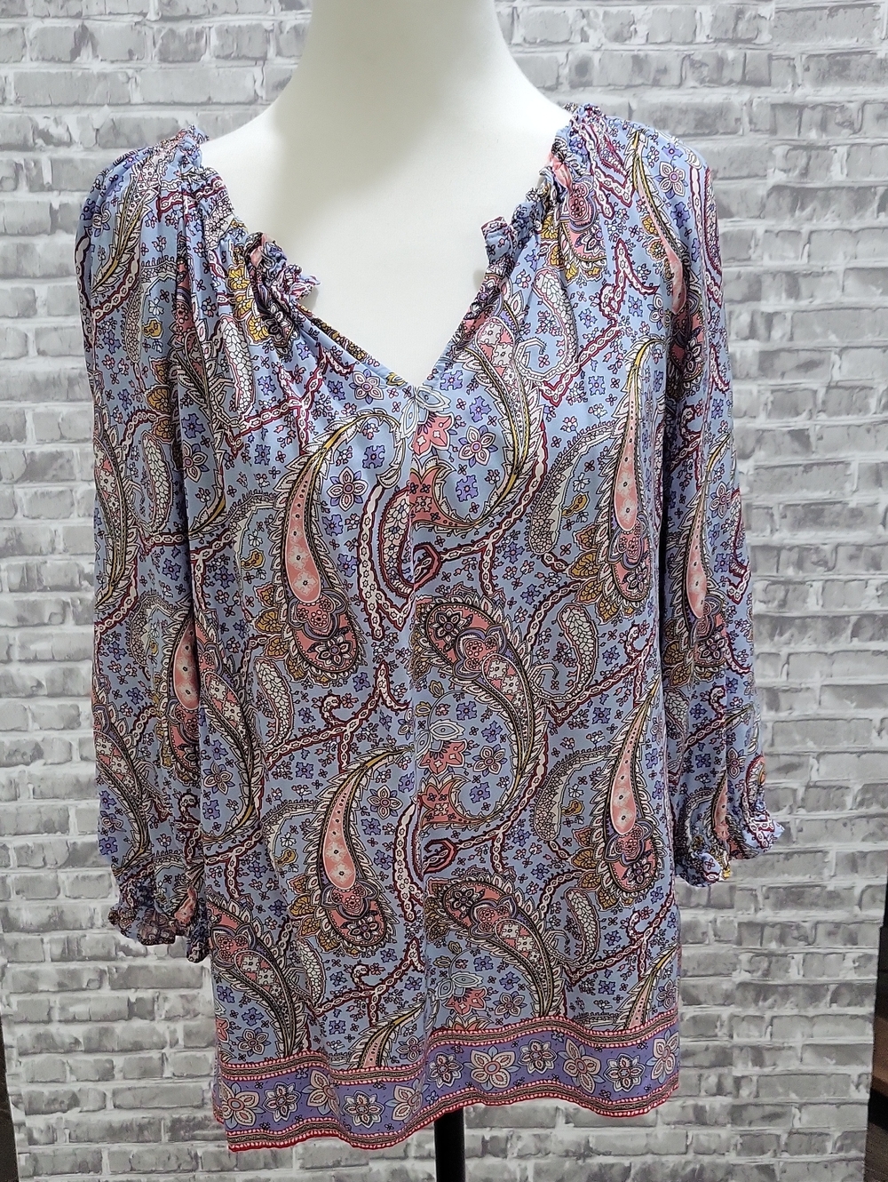 Talbots Paisley Gathered-Sleeve V-neck Peasant Blouse Blue & Pink Sz M